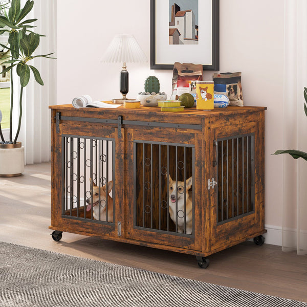 English Elm Sliding Sliding Door Dog Cage with Partition for Two Puppies Rustic Brown & Black, Dual-Furniture Crate 39.37" W sturdy tabletop storage, fits medium dogs up to 75 lb W1162103688