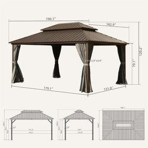 English Elm 12' Hardtop Gazebo Pavilion with Double Roof Ventilation, Aluminum & Galvanized Steel, Curtains Included Brown W1859S00058