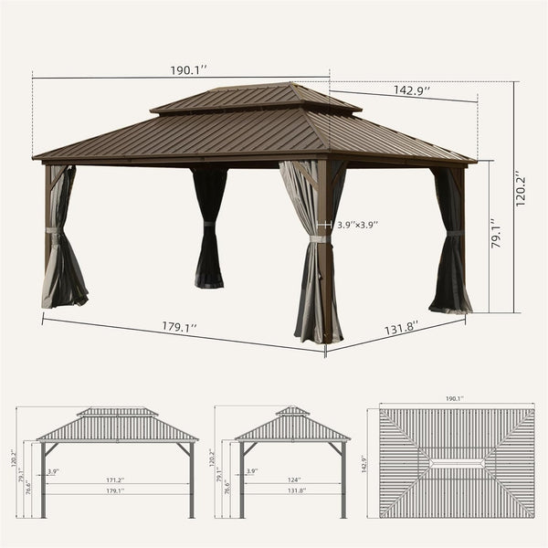 English Elm 12' Hardtop Gazebo Pavilion with Double Roof Ventilation, Aluminum & Galvanized Steel, Curtains Included Brown W1859S00058