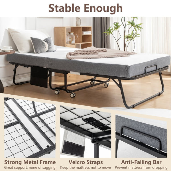 English Elm Folding Rollaway Guest Bed with Memory Foam Mattress Steel Frame and Storage Cover W1422140107