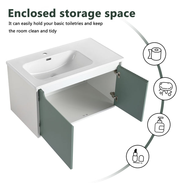 English Elm 36" Wall-Mounted Vanity with Ceramic Sink, Dual-Texture Wave Door, Soft-Close Hinges, Eco Plywood W999S00127