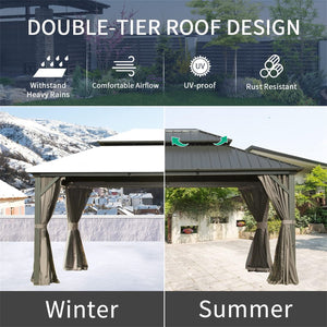 English Elm 12' X 14' Hardtop Gazebo - Durable Aluminum Pavilion With Double Roof, Curtains & Netting For Patios W1859S00055