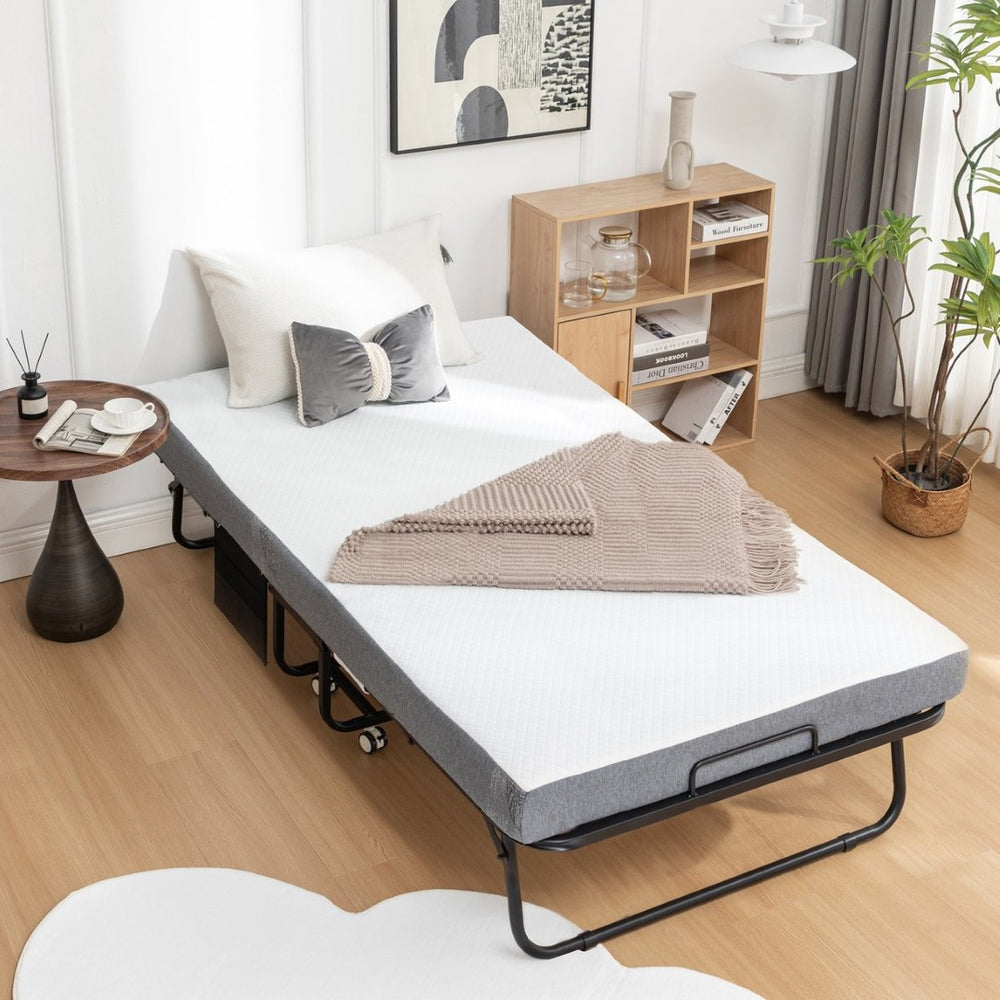 English Elm Folding Rollaway Guest Bed with Memory Foam Mattress Steel Frame and Storage Cover W1422140107