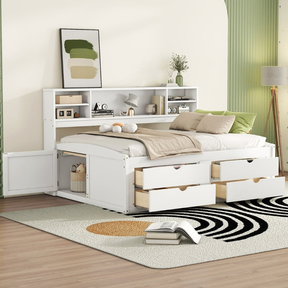 English Elm Full Size Wood Daybed with Storage Drawers Shelves and Cabinets for Guest Rooms White LP000375AAK