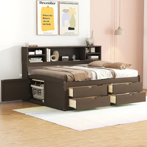 English Elm Full Size Wood Daybed with Storage Drawers Shelves and Cabinets for Guest Rooms Antique Brown LP000375AAD