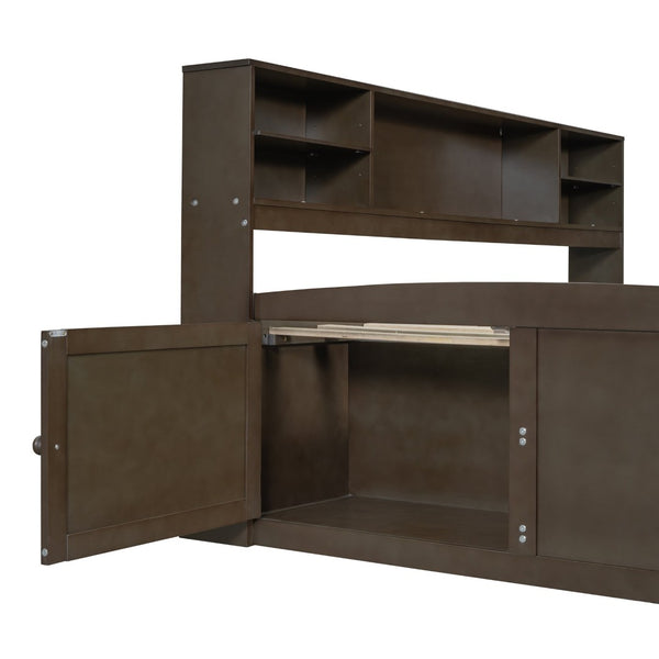 English Elm Full Size Wood Daybed with Storage Drawers Shelves and Cabinets for Guest Rooms Antique Brown LP000375AAD