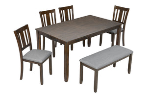 English Elm 6 Piece Walnut Dining Set - Modern Rectangular Table With Upholstered Chairs & Versatile Bench W1998S00011