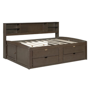 English Elm Full Size Wood Daybed with Storage Drawers Shelves and Cabinets for Guest Rooms Antique Brown LP000375AAD
