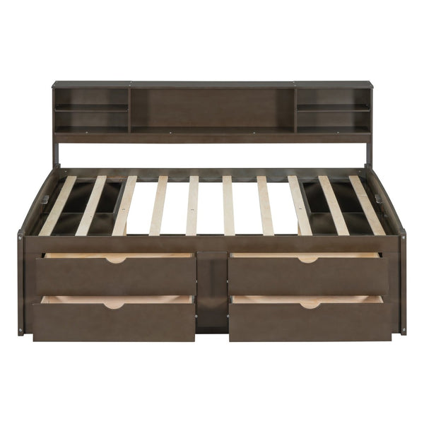 English Elm Full Size Wood Daybed with Storage Drawers Shelves and Cabinets for Guest Rooms Antique Brown LP000375AAD