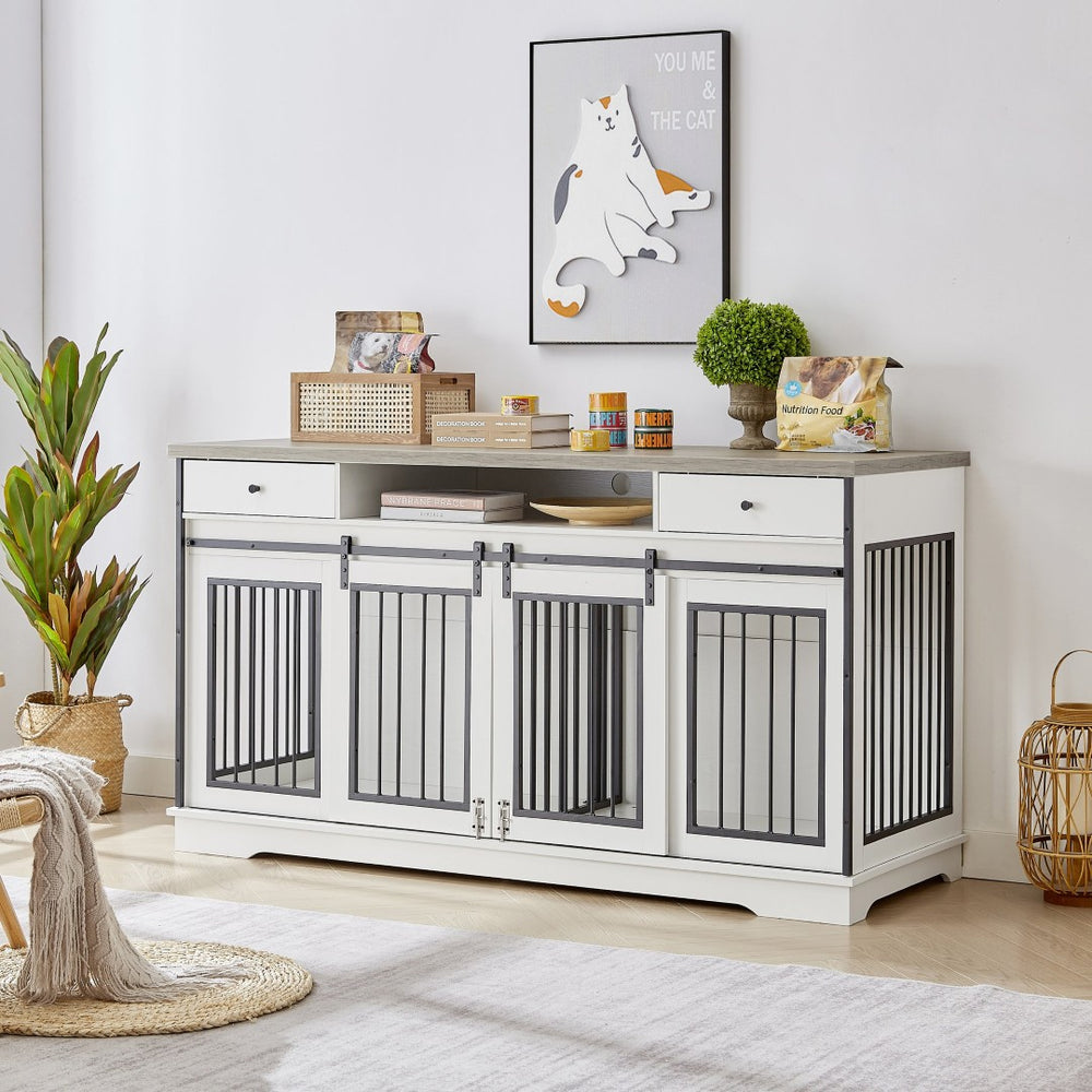 English Elm Super Sized Tv Stand Dog Crate Combo with Drawers Two Pet Spaces Living Room W1162P151258
