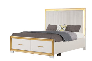 English Elm OBSESSION King Bed with Tufted LED Headboard, Gold Wood Frame & Deep Footboard Storage Drawer B009S01932