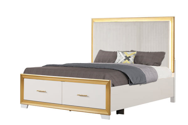 English Elm OBSESSION King Tufted Bed with LED Headboard, Gold Finish & Deep Footboard Storage Drawer, Modern Elegance B009S01278