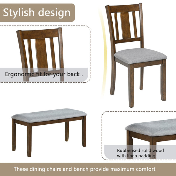 English Elm 6 Piece Walnut Dining Set - Modern Rectangular Table With Upholstered Chairs & Versatile Bench W1998S00011