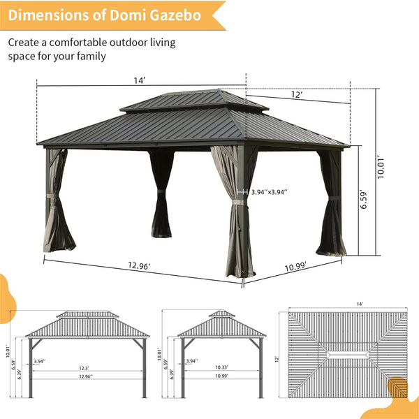 English Elm 12' X 14' Hardtop Gazebo - Durable Aluminum Pavilion With Double Roof, Curtains & Netting For Patios W1859S00055