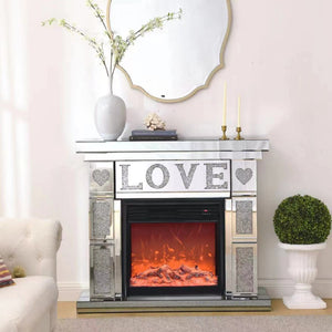 English Elm W Mirrored Acrylic Electric Fireplace Console with Crystal Accents and Led Flame W1005S00005