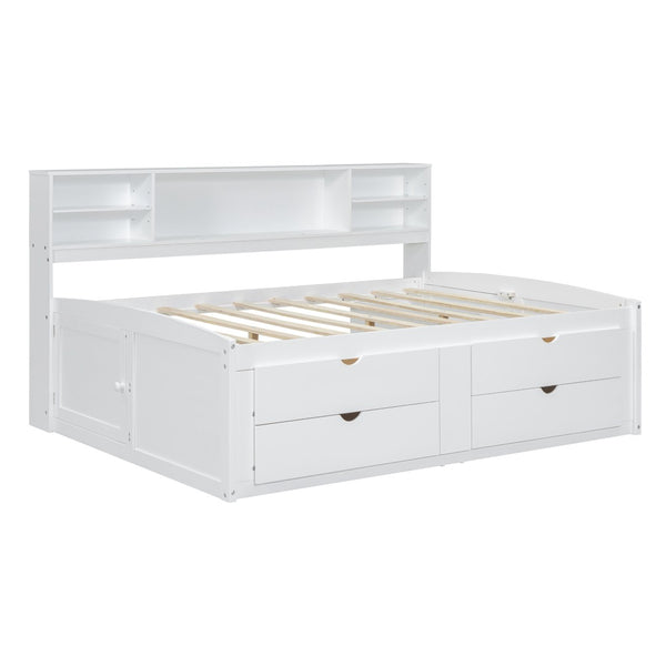 English Elm Full Size Wood Daybed with Storage Drawers Shelves and Cabinets for Guest Rooms White LP000375AAK