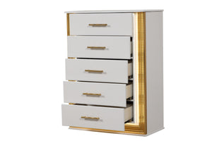 English Elm Obsession White & Gold 5-Drawer Chest with LED Lighting, Contemporary Solid/Manufactured Wood Storage Piece G150108855