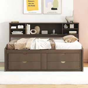 English Elm Full Size Wood Daybed with Storage Drawers Shelves and Cabinets for Guest Rooms Antique Brown LP000375AAD