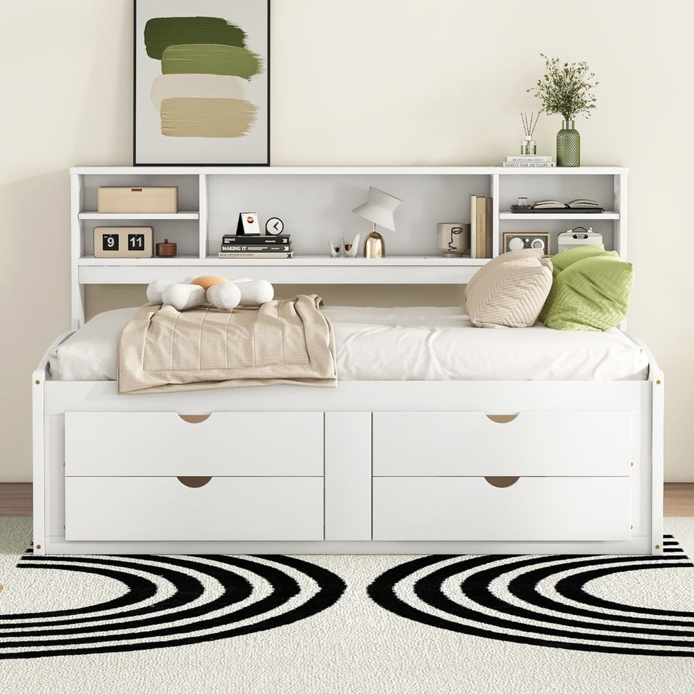 English Elm Full Size Wood Daybed with Storage Drawers Shelves and Cabinets for Guest Rooms White LP000375AAK