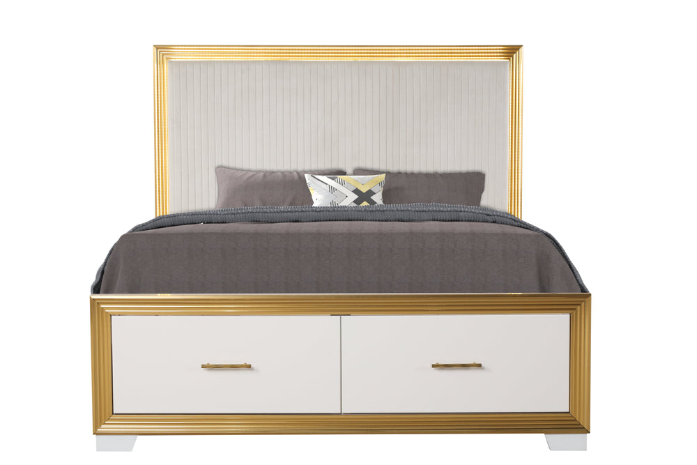 English Elm OBSESSION Queen Tufted Bed White & Gold Finish with LED Headboard and Deep Storage Drawer, Modern Elegance B009S01277
