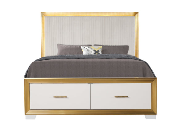 English Elm OBSESSION King Bed with Tufted LED Headboard, Gold Wood Frame & Deep Footboard Storage Drawer B009S01932