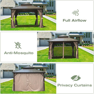 English Elm 12' X 14' Hardtop Gazebo - Durable Aluminum Pavilion With Double Roof, Curtains & Netting For All Events W1859S00056