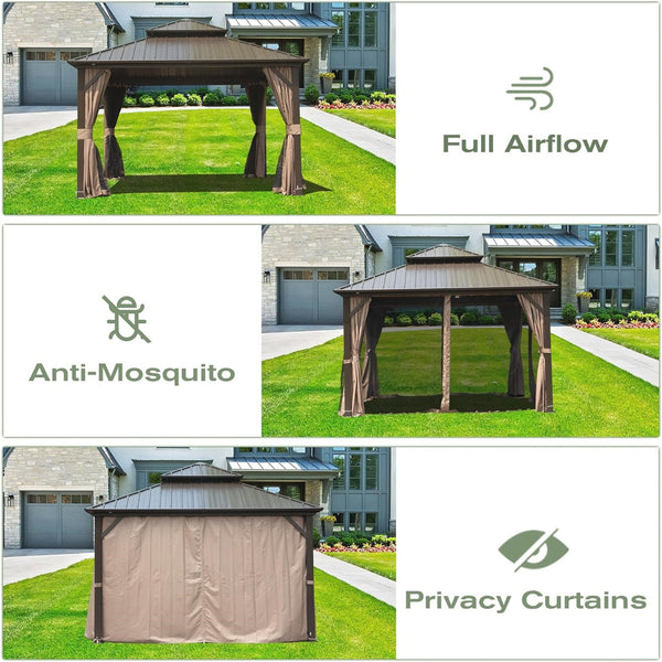 English Elm 12' X 14' Hardtop Gazebo - Durable Aluminum Pavilion With Double Roof, Curtains & Netting For All Events W1859S00056