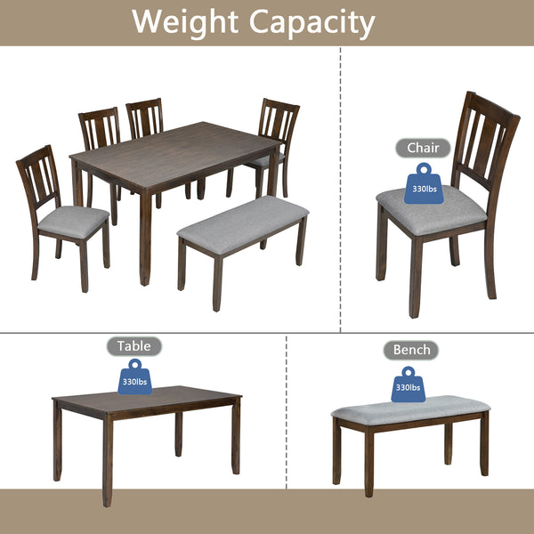 English Elm 6 Piece Walnut Dining Set - Modern Rectangular Table With Upholstered Chairs & Versatile Bench W1998S00011