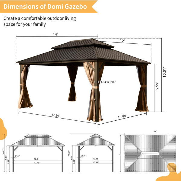 English Elm 12' X 14' Hardtop Gazebo - Durable Aluminum Pavilion With Double Roof, Curtains & Netting For All Events W1859S00056