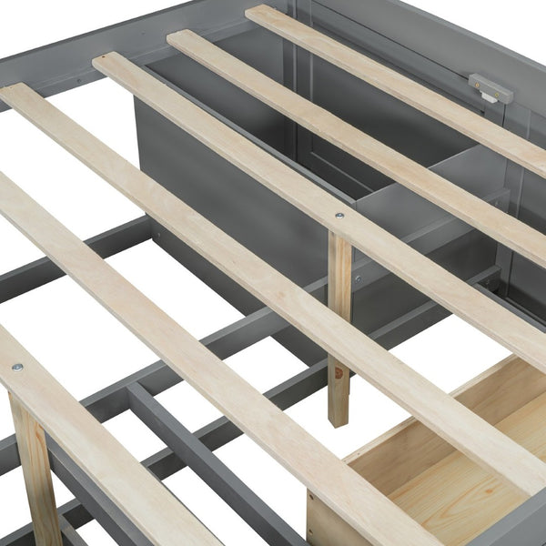 English Elm Full Size Wood Daybed with Storage Drawers Shelves and Cabinets for Guest Rooms Gray LP000375AAE