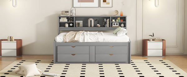 English Elm Full Size Wood Daybed with Storage Drawers Shelves and Cabinets for Guest Rooms Gray LP000375AAE