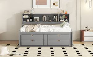 English Elm Full Size Wood Daybed with Storage Drawers Shelves and Cabinets for Guest Rooms Gray LP000375AAE
