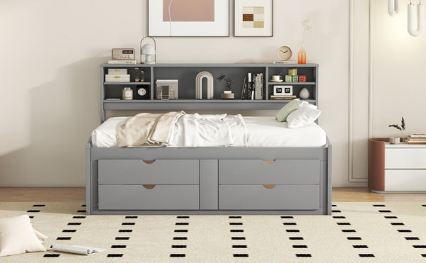 English Elm Full Size Wood Daybed with Storage Drawers Shelves and Cabinets for Guest Rooms Gray LP000375AAE