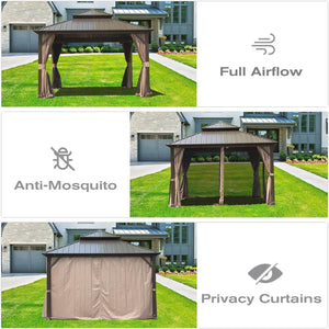 English Elm 12' X 12' Hardtop Gazebo - Elegant Aluminum Pavilion With Double Roof, Curtains, Netting For All Seasons W1859S00054