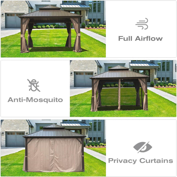 English Elm 12' X 12' Hardtop Gazebo - Elegant Aluminum Pavilion With Double Roof, Curtains, Netting For All Seasons W1859S00054