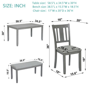 English Elm 6 Piece Kitchen Dining Set - Modern Gray Rectangular Table With 4 Chairs & Versatile Bench For 6 W1998S00007