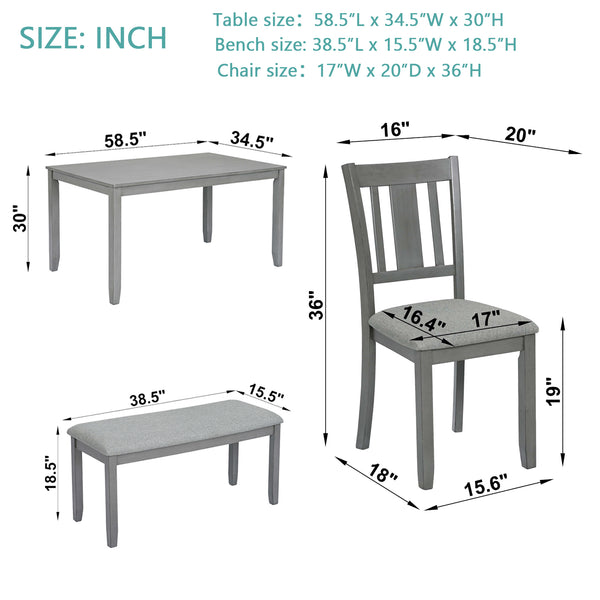 English Elm 6 Piece Kitchen Dining Set - Modern Gray Rectangular Table With 4 Chairs & Versatile Bench For 6 W1998S00007