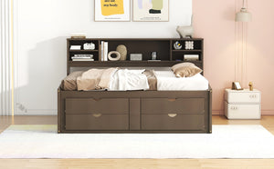 English Elm Full Size Wood Daybed with Storage Drawers Shelves and Cabinets for Guest Rooms Antique Brown LP000375AAD