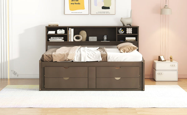 English Elm Full Size Wood Daybed with Storage Drawers Shelves and Cabinets for Guest Rooms Antique Brown LP000375AAD