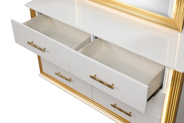 English Elm Obsession 6-Drawer Contemporary Dresser with LED Lighting, Gold Finish Wood Mix for Glam Bedrooms G150108856