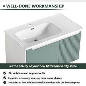 English Elm 36" Wall-Mounted Vanity with Ceramic Sink, Dual-Texture Wave Door, Soft-Close Hinges, Eco Plywood W999S00127