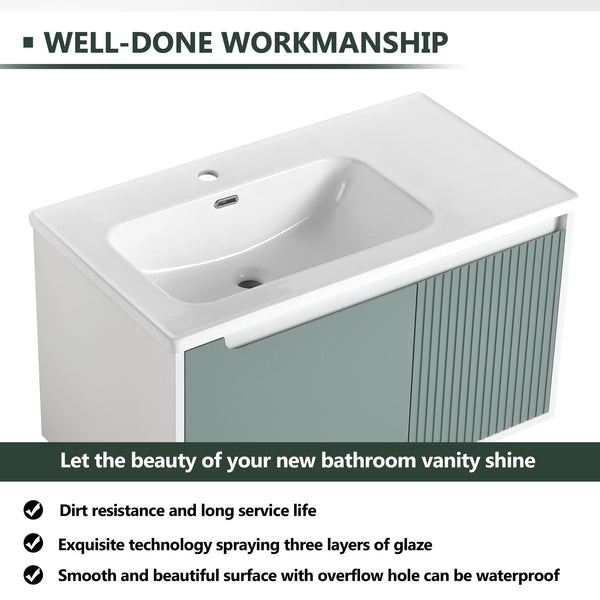 English Elm 36" Wall-Mounted Vanity with Ceramic Sink, Dual-Texture Wave Door, Soft-Close Hinges, Eco Plywood W999S00127