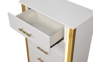 English Elm Obsession White & Gold 5-Drawer Chest with LED Lighting, Contemporary Solid/Manufactured Wood Storage Piece G150108855
