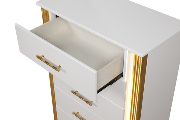English Elm Obsession White & Gold 5-Drawer Chest with LED Lighting, Contemporary Solid/Manufactured Wood Storage Piece G150108855