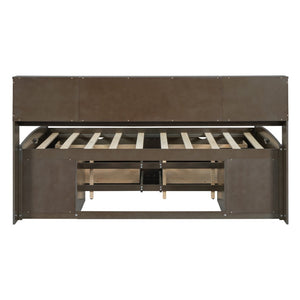English Elm Full Size Wood Daybed with Storage Drawers Shelves and Cabinets for Guest Rooms Antique Brown LP000375AAD