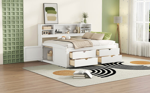 English Elm Full Size Wood Daybed with Storage Drawers Shelves and Cabinets for Guest Rooms White LP000375AAK