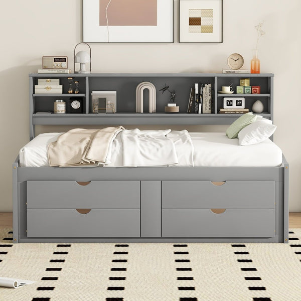English Elm Full Size Wood Daybed with Storage Drawers Shelves and Cabinets for Guest Rooms Gray LP000375AAE