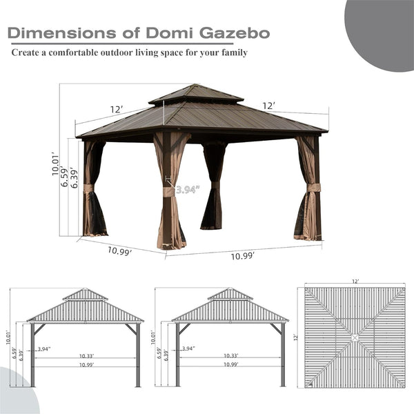 English Elm 12' X 12' Hardtop Gazebo - Elegant Aluminum Pavilion With Double Roof, Curtains, Netting For All Seasons W1859S00054