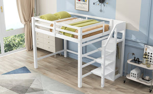 English Elm Full Full Size Loft Bed with Built-In Wardrobe, Staircase Storage and Space-Saving Design for Small Rooms White SM000527AAK-1