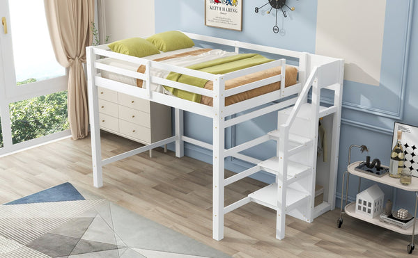 English Elm Full Full Size Loft Bed with Built-In Wardrobe, Staircase Storage and Space-Saving Design for Small Rooms White SM000527AAK-1